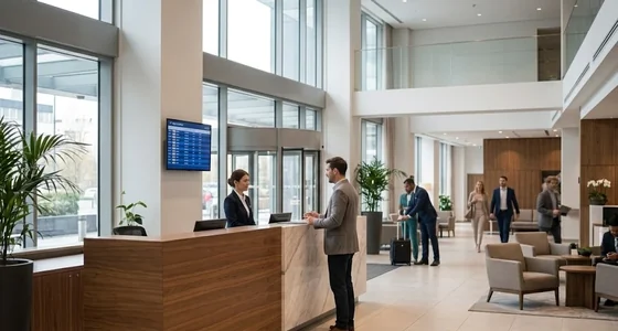 Otel lobisinde resepsiyon görevlisi misafirle ilgileniyor